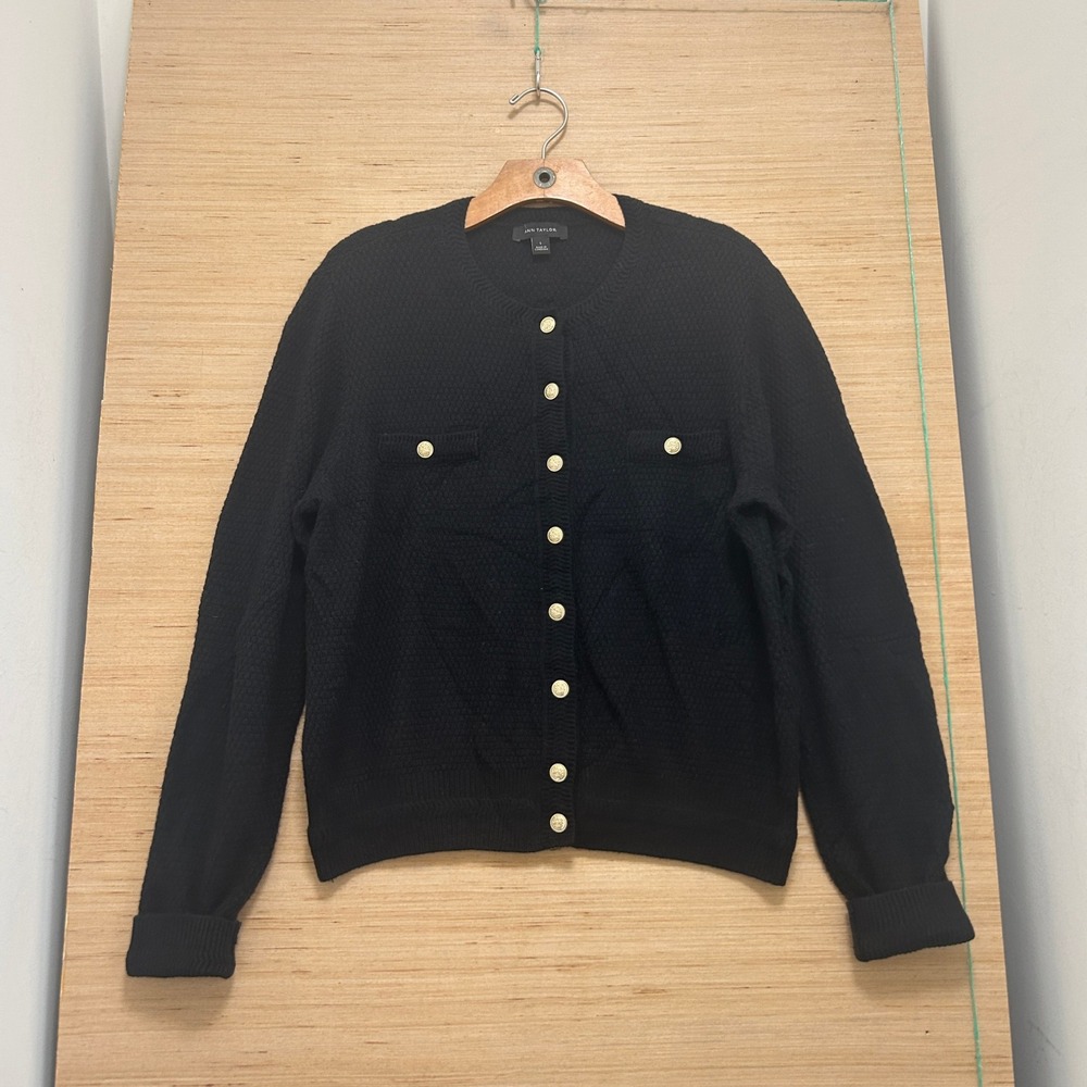 Ann Taylor Black Textured Knit Cardigan Gold Crest Button Front Size L